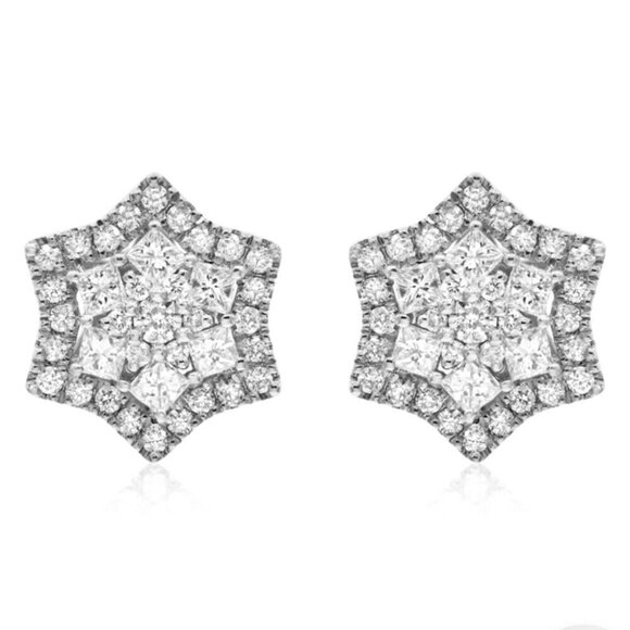 Flower Cluster Star White Gold Sterling Silver Hip Hop Screw Back Stud Earrings - Picture 1 of 6